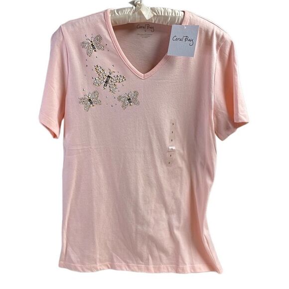 CORAL BAY NWT Ladies Scoop Neck Butterfly Embellished Rhinestones Top Small Pink - Picture 1 of 6